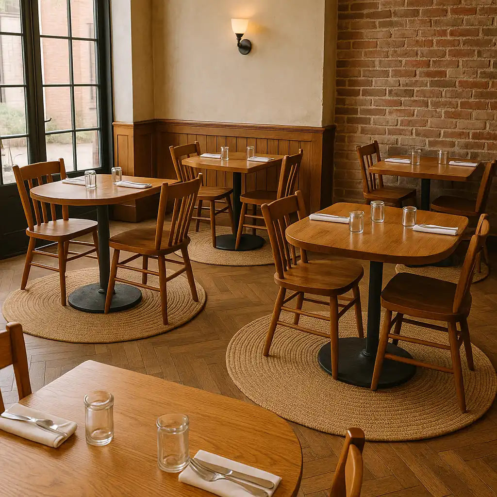 Un intérieur de restaurant bien éclairé et vide avec des tables et des chaises en bois posées sur des tapis ronds tressés.
