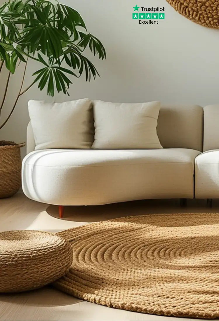 Canapé modulaire de couleur crème avec des bords arrondis et des pieds rouges profil bas.