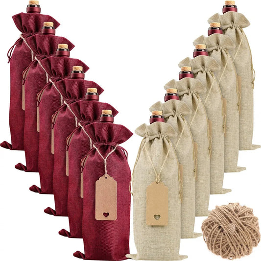 12 Sacs à Vin En Toile De Jute Avec Cordon + Étiquettes Et Tire-bouchon - Protection Et Cadeau