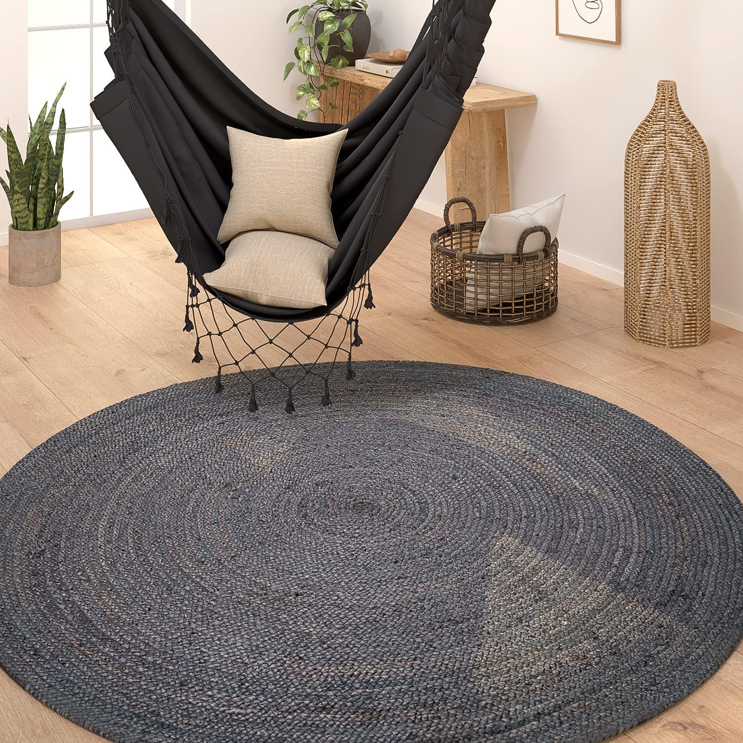 Tapis rond noir jute - noir, rond